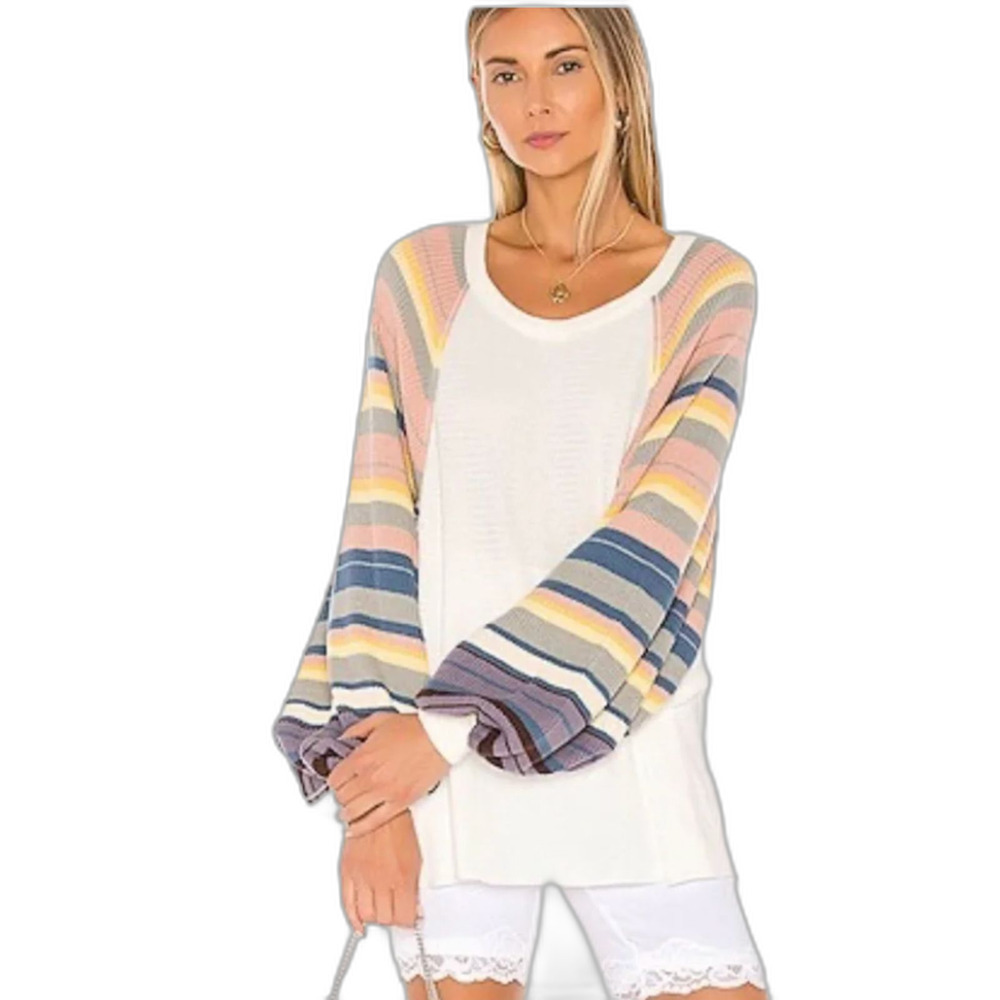 Free People Rainbow Dreams White Waffle Knit Balloon-Sleeve Sweater - Size Small